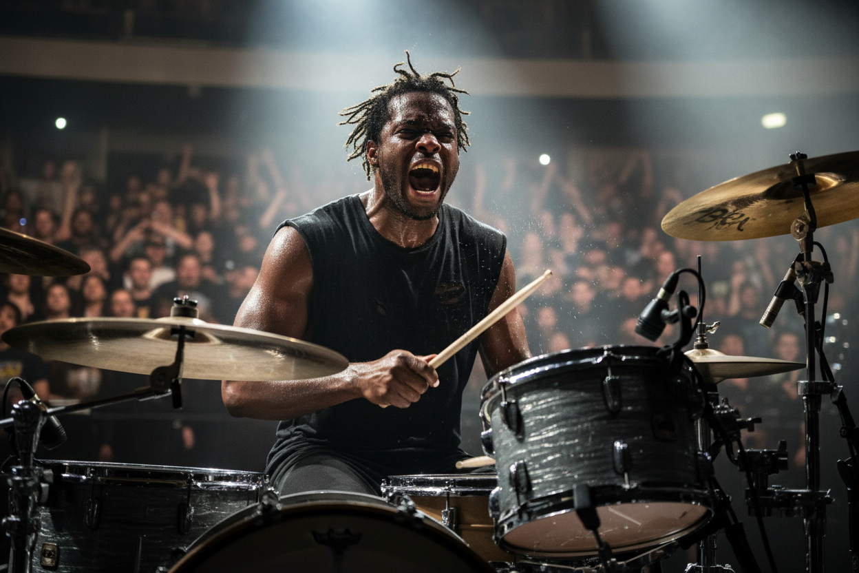 A BLACK DRUMMER IS PLAYING HIS DRUMS AND YELLING OUT LOUD