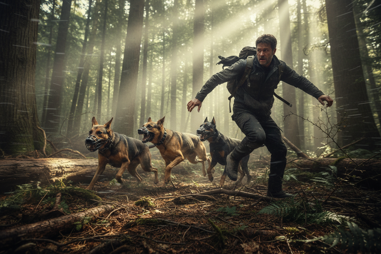A MAN RUNNING IN THE WOODS WITH SECURITY DOGS CHASING HIM