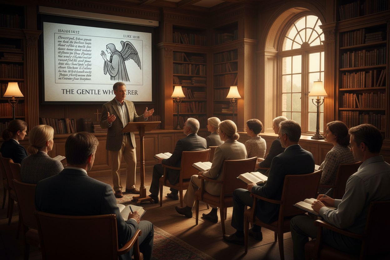 A MAN TEACHING A GROUP OF PEOPLE ABOUT BIBLICAL INFORMATION ABOUT A SOFT SPOKEN DEVIL