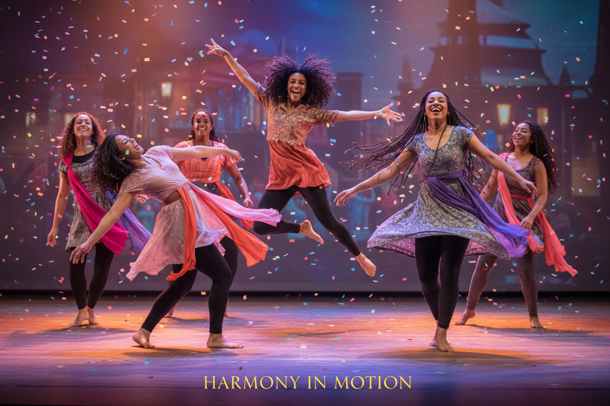 A MIXED RACE OF FEMALE DANCERS ENJOYING THEIR NEW DANCE