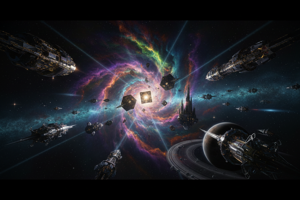 A MOVIE SCENE OF STRANGE VIEWS IN OUTER SPACE