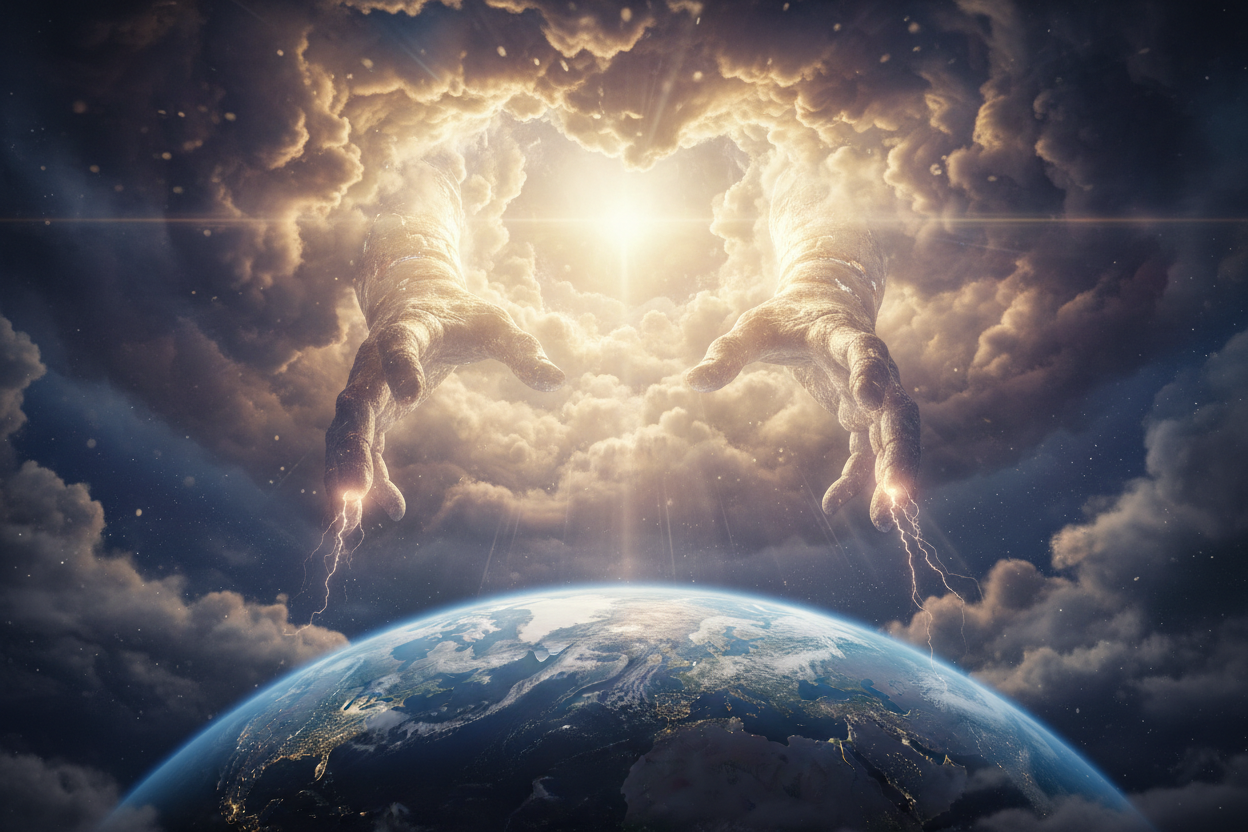 BIG HANDS STRECTHING OUT FROM THE CLOUDS TOWARDS EARTH