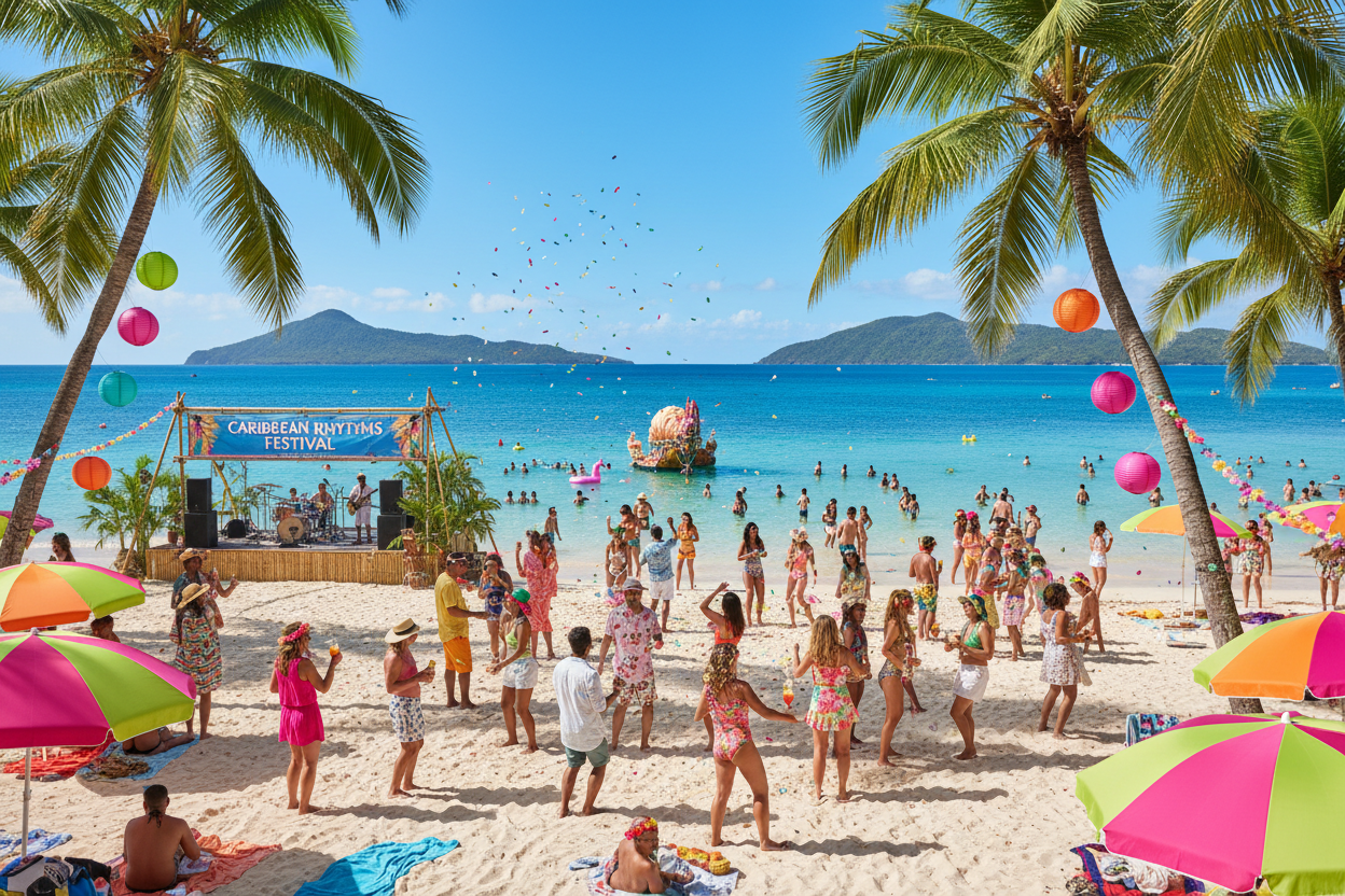 HAVING PATY FUN ON THE BEACH WITH BLUE WATERS IN THE CARIBBEAN