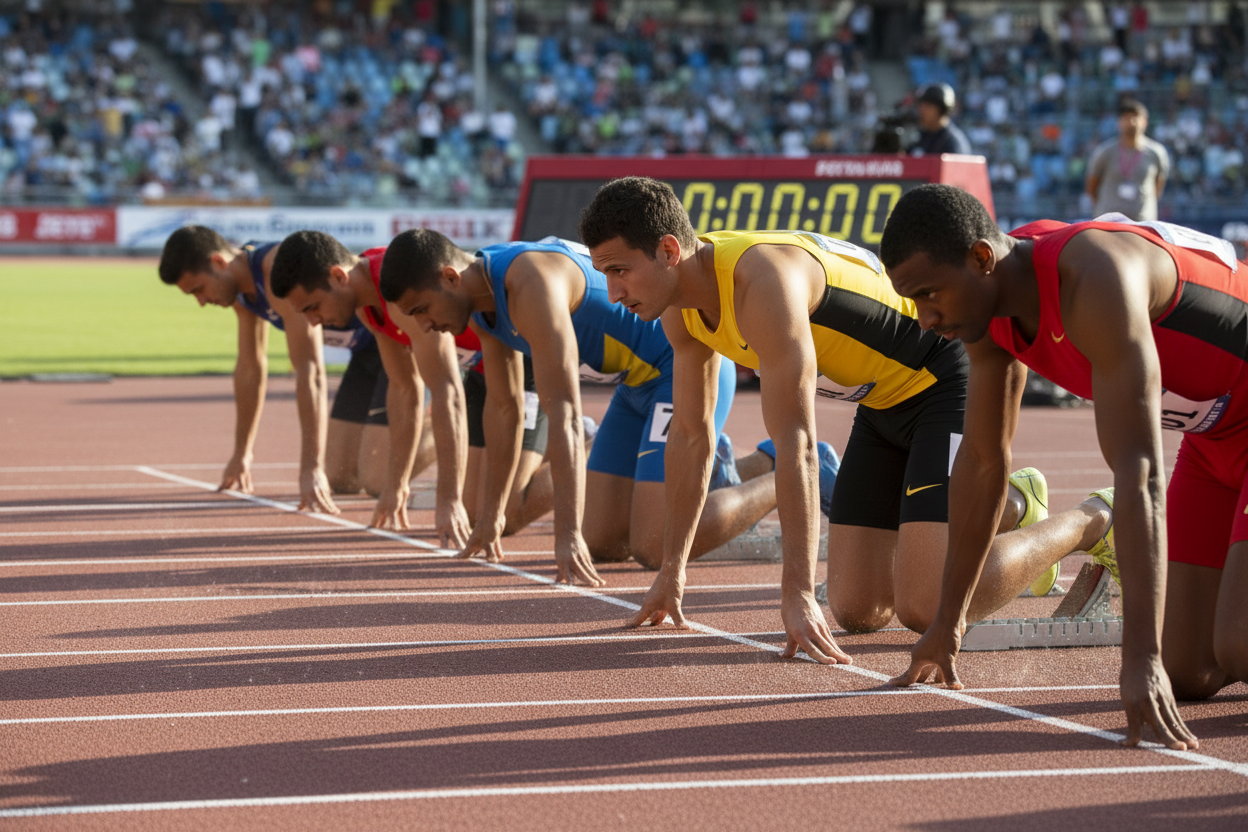 mixed male racers looking forward to start and on one knee