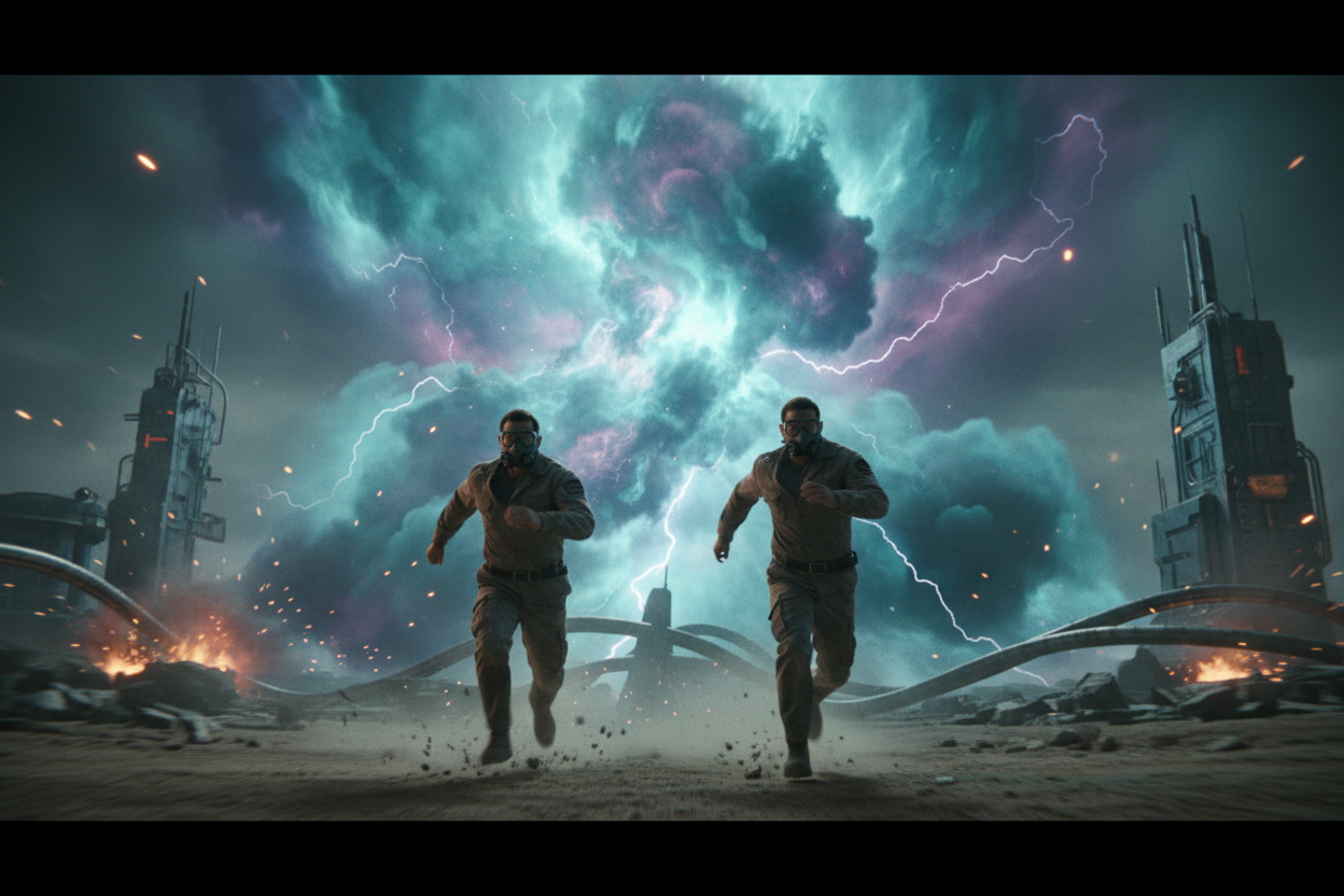 2 MEN RUNNING FROM A SCIENTIFIC GAS 