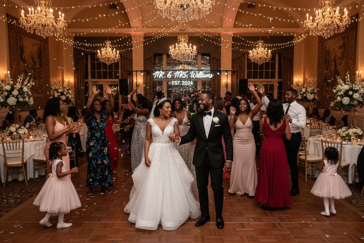 A BLACK COUPLE JUST GOT MARRIED AND ALL THE FRIENDS AND FAMILY ARE DANCING AT THE LARGE CATERING HALL