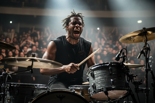 A BLACK DRUMMER IS PLAYING HIS DRUMS AND YELLING OUT LOUD