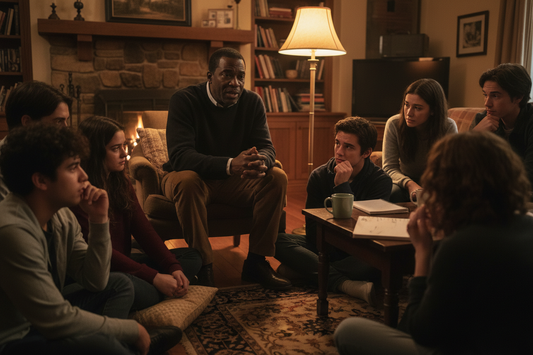 A BLACK MAN IS TELLING SOME YOUTH A TRUE STORY ABOUT A DEADLY OCCOURANCE IN HIS FAMILY