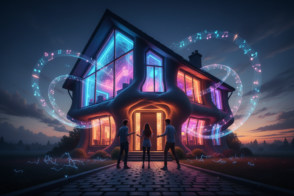 A DJ'S FRIENDS COME TO VISISIT HIS HOUSE AND FROM THEOUTSIDE CANSEE THE HOUSE SWOLLEN FROM MUSIC COMINF FROM THE WINDOWS