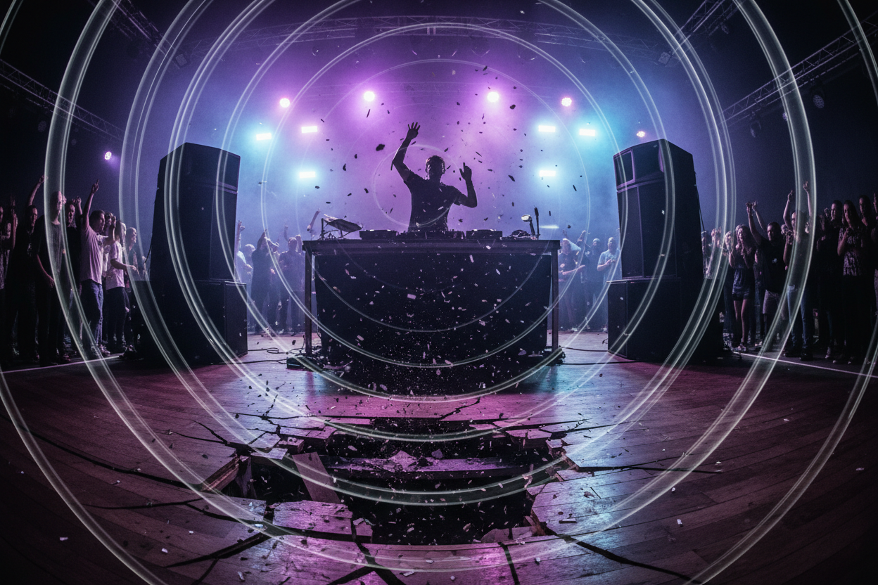 A DJ'S HEAVY MUSIC IS CREATING MUSIC HOLES ON THE FLOOR