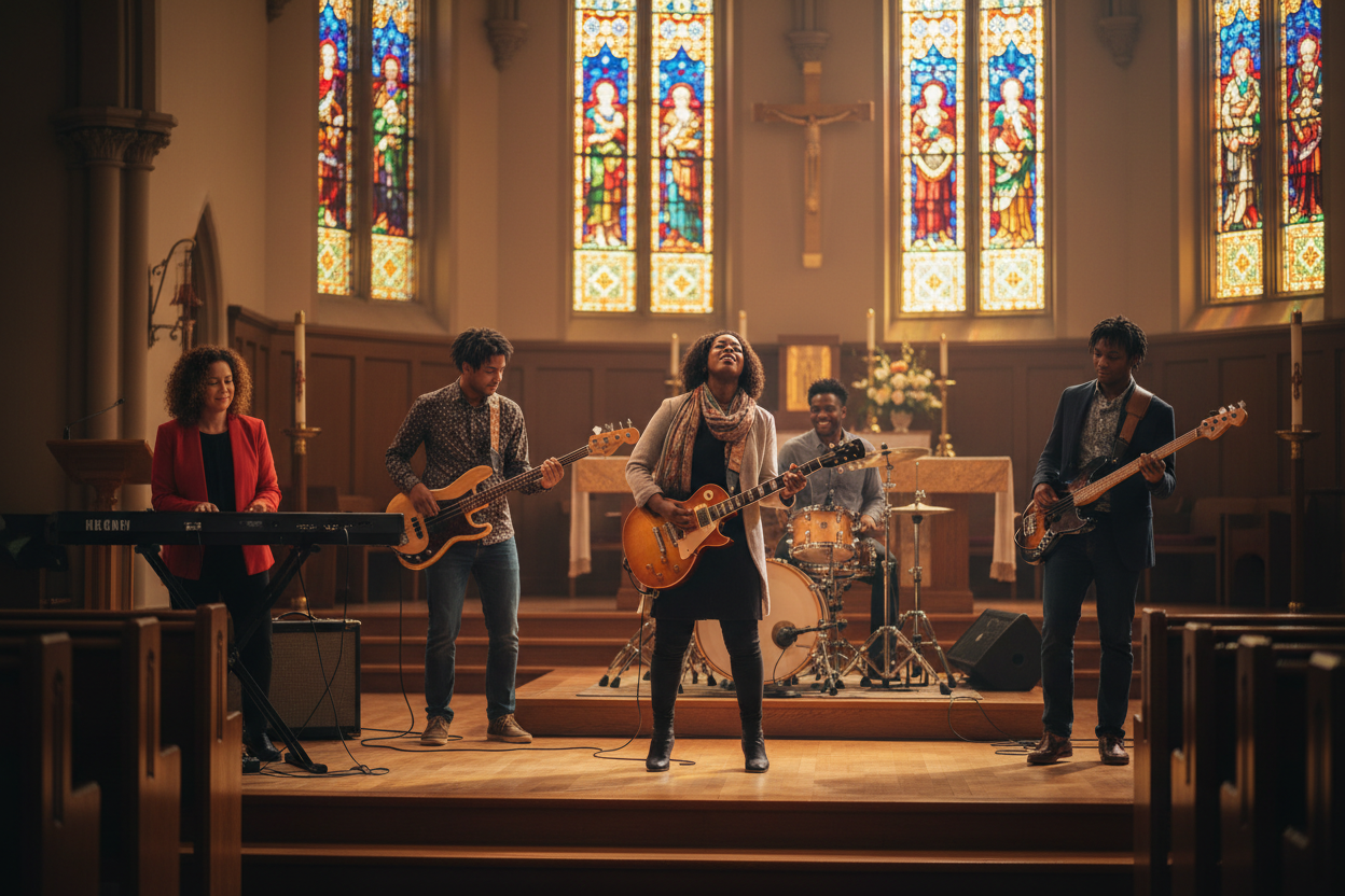 A GOSPEL BAND JAMMING IN CHURCH