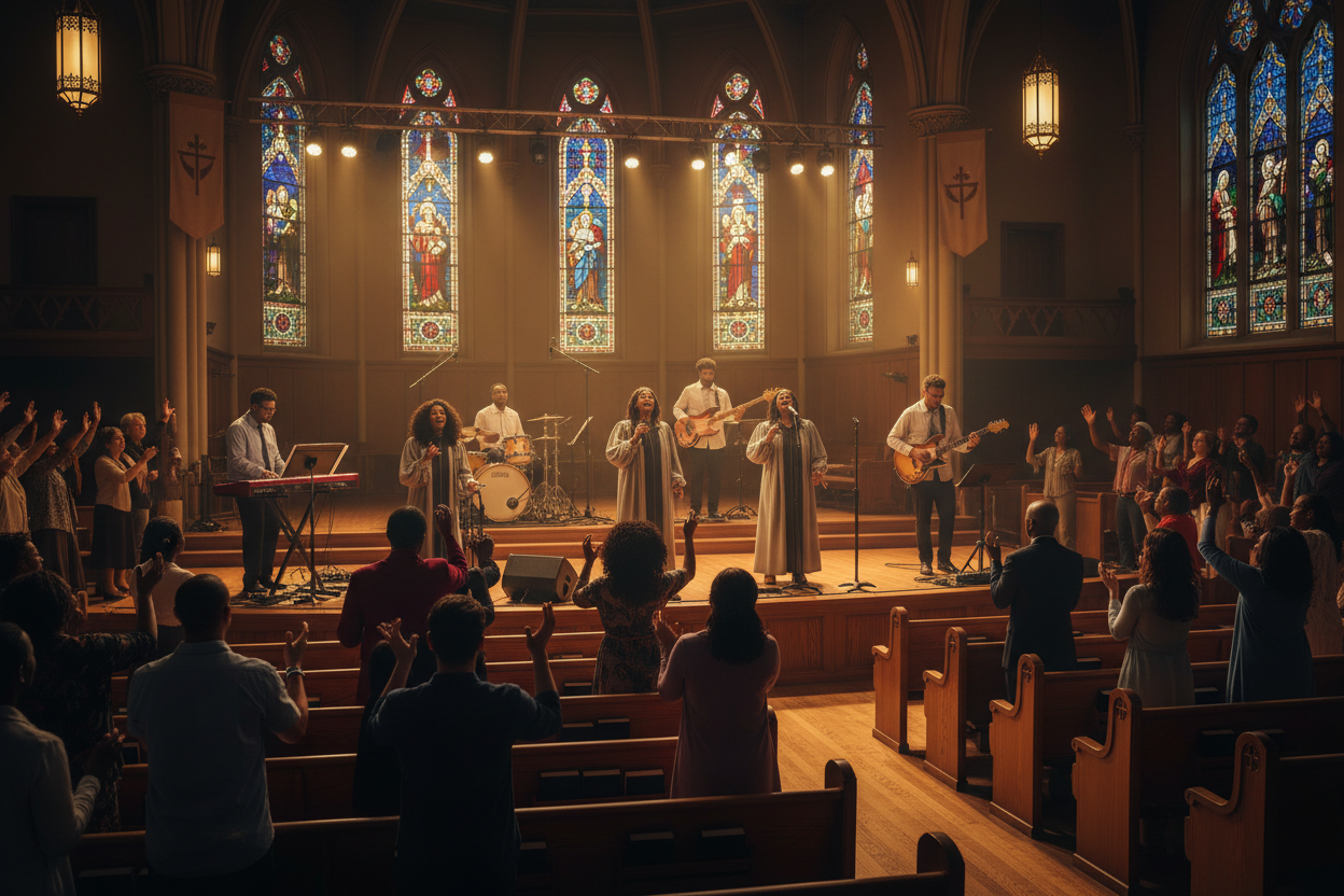 A LIVE GOSPEL BAND PLAYING IN CHURCH TO A CROWDED AUDIENCE