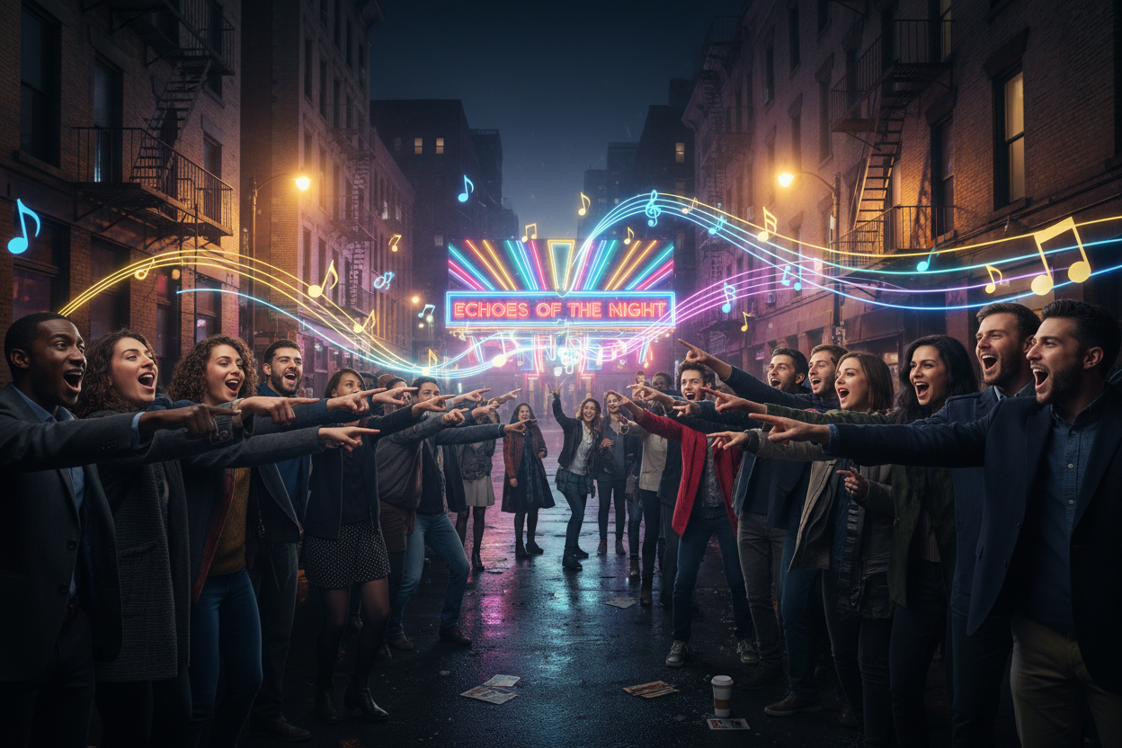 A MIXED CROWD OF PEOPLE POINTING TO A CLUB AHEAD WITH THE MUSIC COMING IN THE AIR