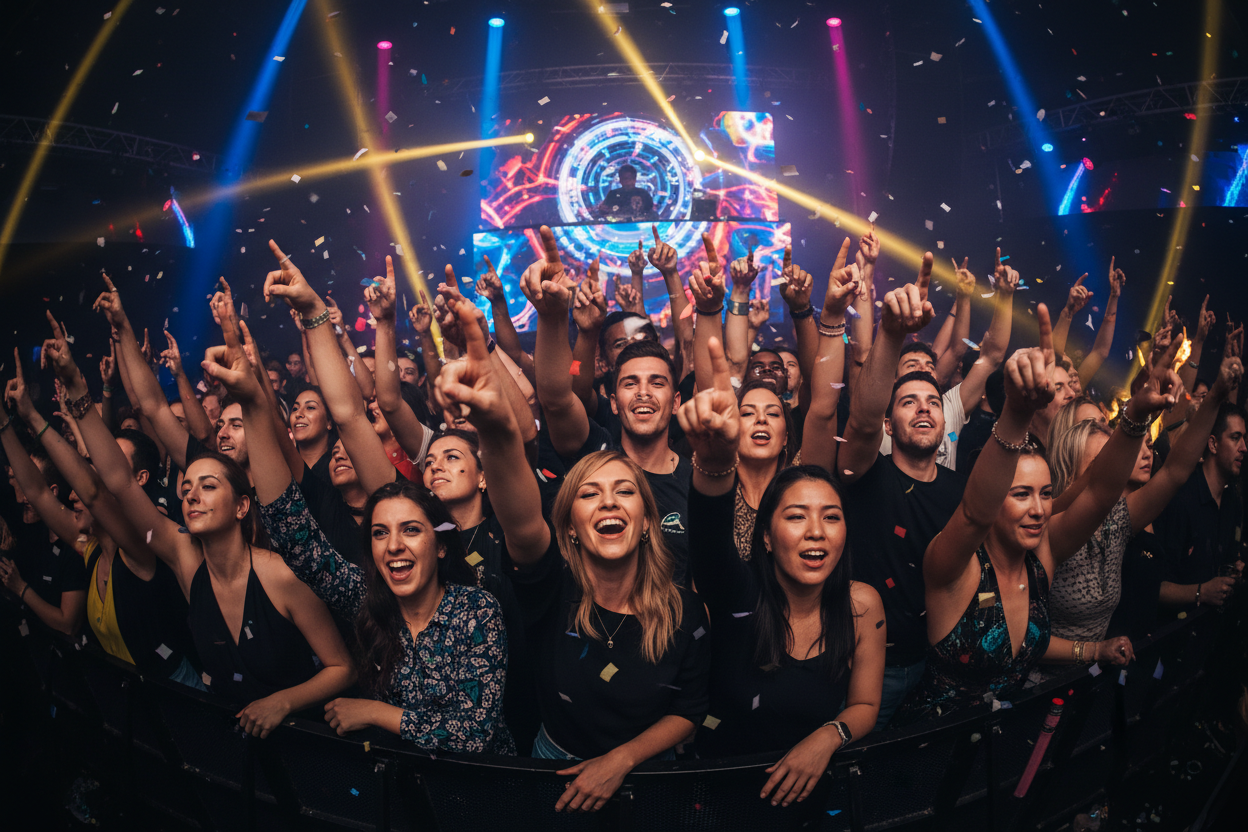 A MIXED CROWED IS POINTING THEIR FINGERS UP TRYING TO GET THE DJ TO PLAY LOUDER