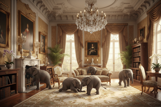 BABY ELEPHANTS IN A ROOM IN A BIG HOUSE