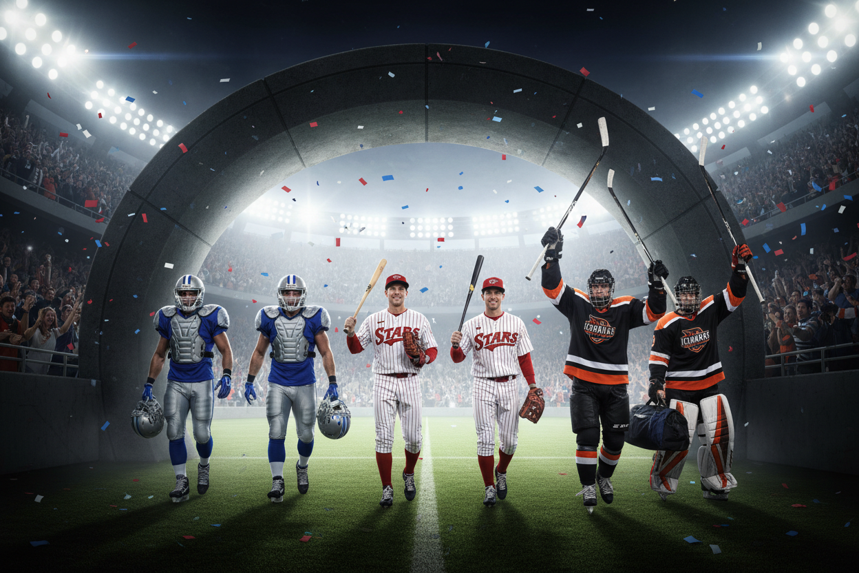FOOTBALL TEAM, BASEBALL TEAM, HOCKEY TEAM COMING IN THE STADIUM TO PLAY