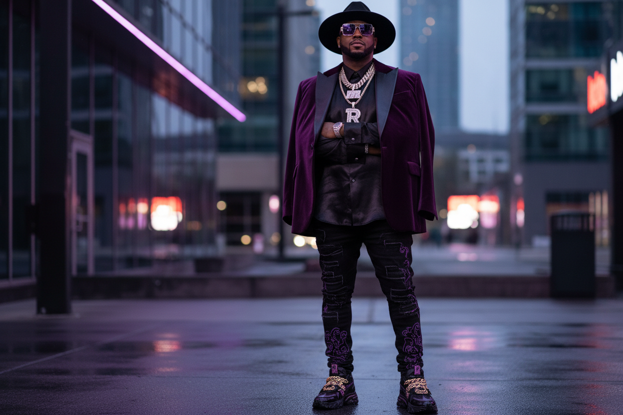 HIGHLY DRESSED RAPPER IN BLACK AND PURPLE