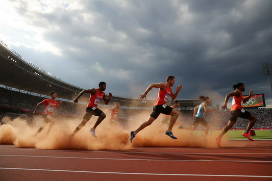 olympic race in running fast with cloud behind the runners