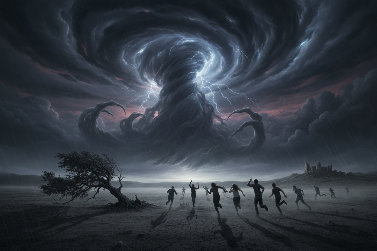 PEOPLE RUNNING FROM FEAR OF THE DARK SKIES