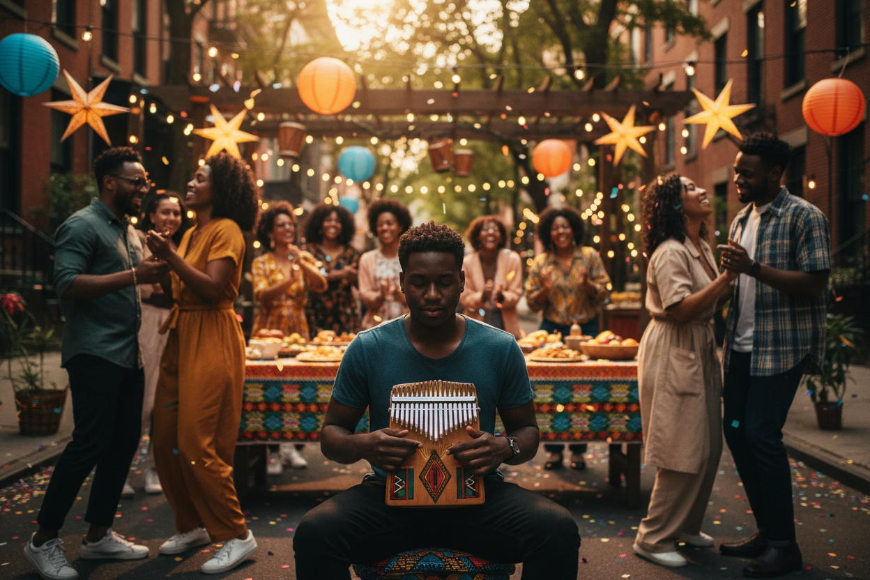 SOMEONE PLAYING THE KALIMBA AT AN AFRICAN AMERICAN PARTY